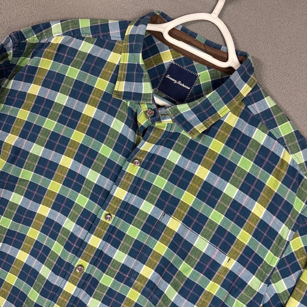 Tommy Bahama Shirt Mens XXL 2XL Green Blue Plaid Herringbone Long Sleeve Button